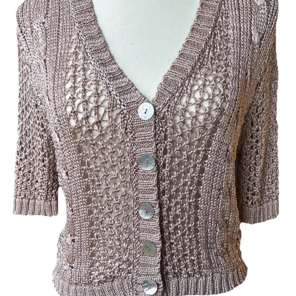 Vintage GAP Women’s Cropped Cardigan Taupe Metallic Crochet Knit Size L